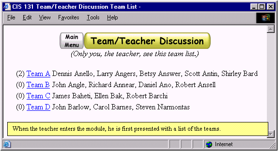 Teacher sees a list of all teams