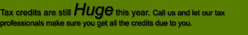 Tax credits are still Huge this year. Call us and let our tax professionals make sure you get all the credits due to you.